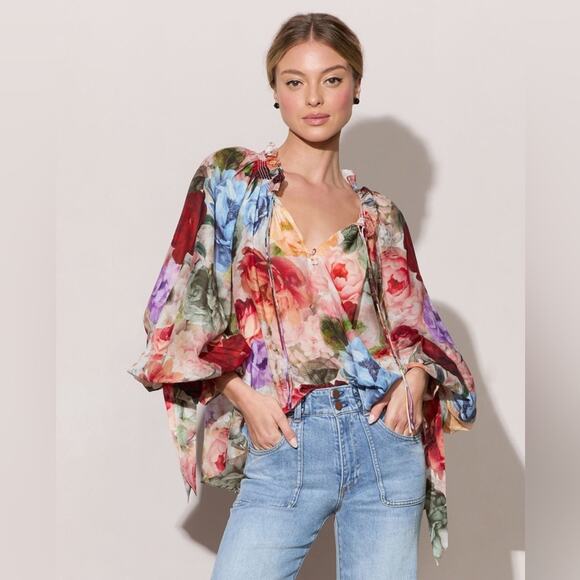 Alice + Olivia Tops - Alice + Olivia Norah Peasant Cotton & Silk Blouse in Storm Floral M